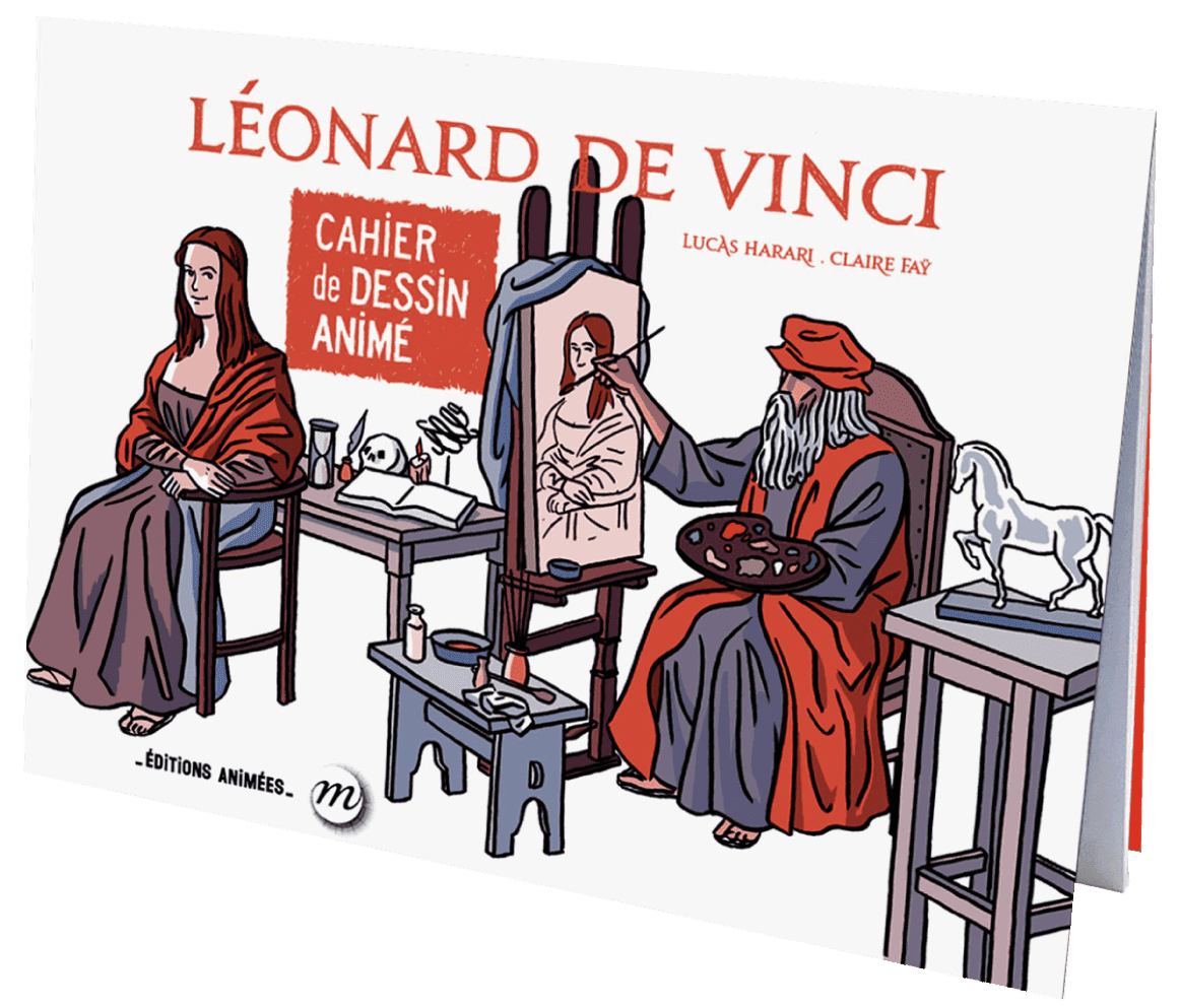 Cahier de dessin animé Léonard de Vinci du Coffret Sciences BlinkBook, illustrant l’artiste en train de peindre la Joconde, pour enfants de 6 à 10 ans.