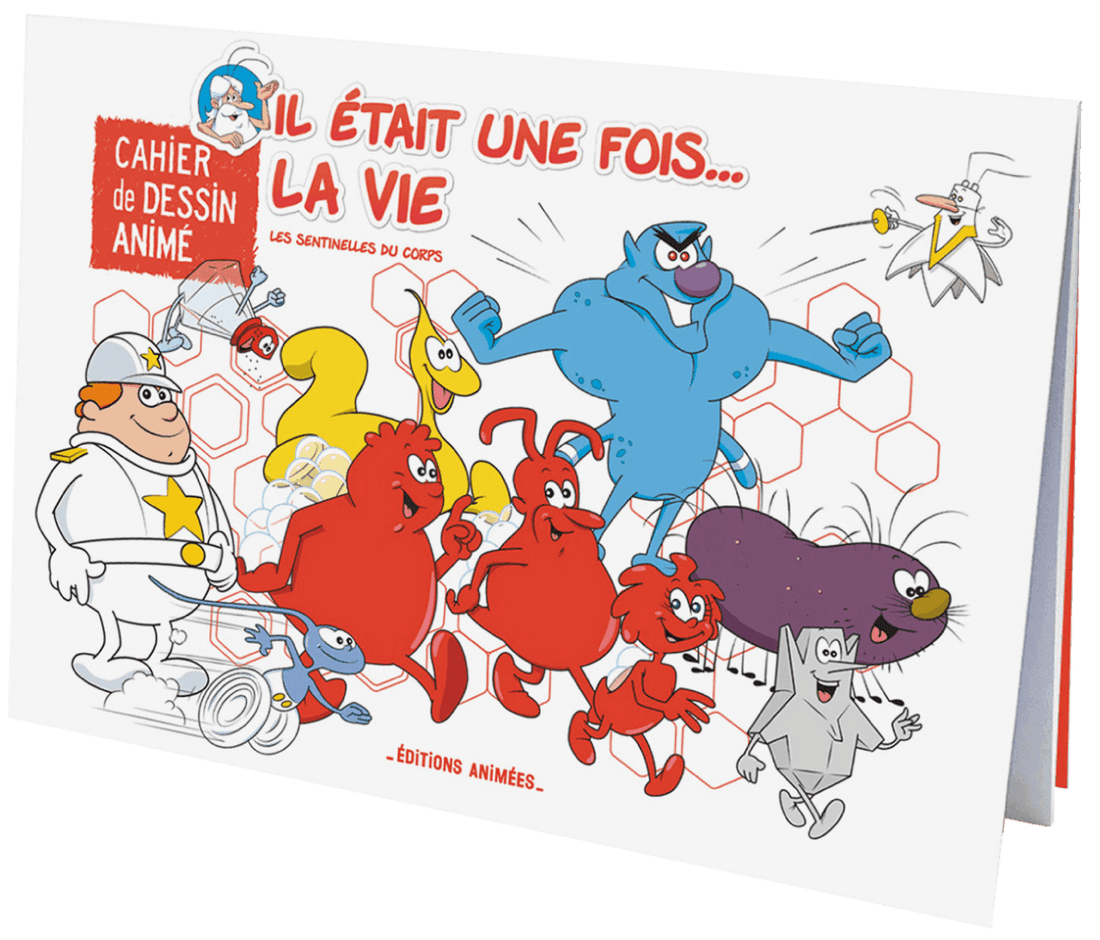 Cahier de dessin animé Il était une fois... La Vie du Coffret Sciences BlinkBook, avec personnages colorés représentant les cellules du corps humain.