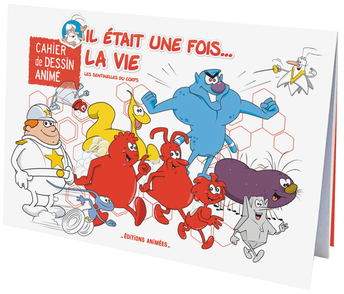 Cahier de dessin animé Il était une fois... La Vie du Coffret Sciences BlinkBook, avec personnages colorés représentant les cellules du corps humain.