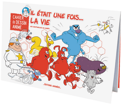 Cahier de dessin animé Il était une fois... La Vie du Coffret Sciences BlinkBook, avec personnages colorés représentant les cellules du corps humain.