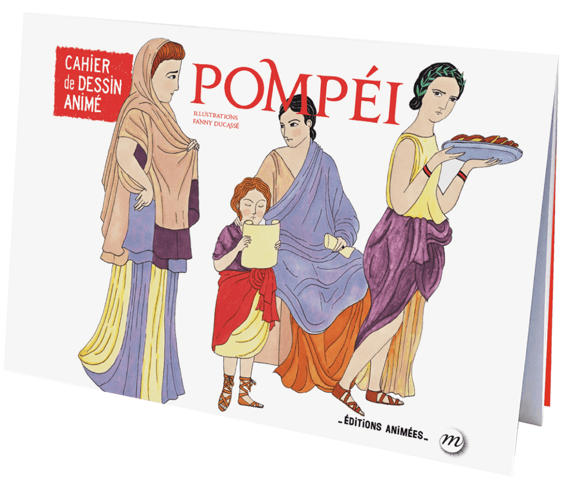 Cahier de dessin animé Pompéi du Coffret Sciences BlinkBook, montrant des personnages romains en habits antiques, pour enfants de 6 à 10 ans.