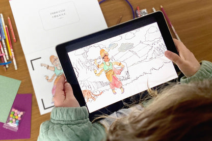 Animation en réalité augmentée d’un dessin de princesse via l’application BlinkBook, issue du cahier Les Princesses pour enfants.